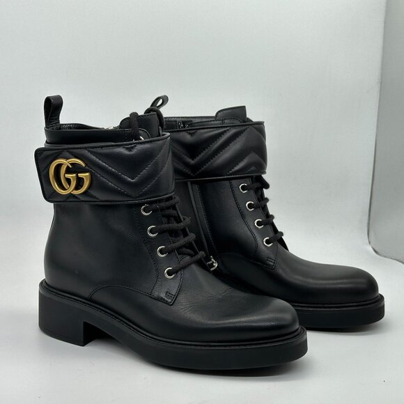 Gucci GG Logo Metalasse Leather Strap Combat Lace Up Ankle Bootie Boots - Picture 12 of 16